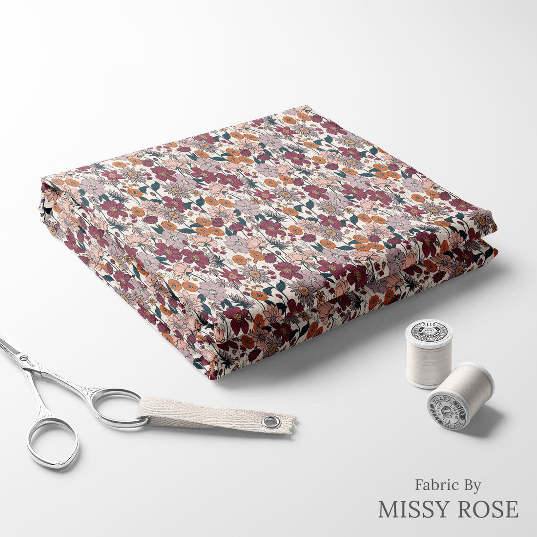 Indy Bloom Fabric Scarlet Autumn Ivory 11 folded fabric stack with matching thread - pre-order fabric Australia | Fabric by Missy Rose