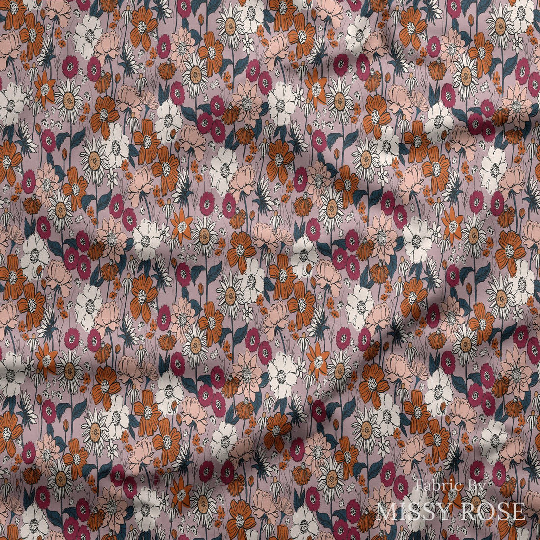 Indy Bloom Fabric Scarlet Autumn Lavender 07 draped fabric mockup - custom printed fabric by the metre | Fabric by Missy Rose