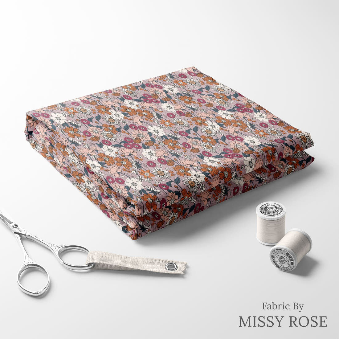 Indy Bloom Fabric Scarlet Autumn Lavender 07 folded fabric stack with matching thread - pre-order fabric Australia | Fabric by Missy Rose