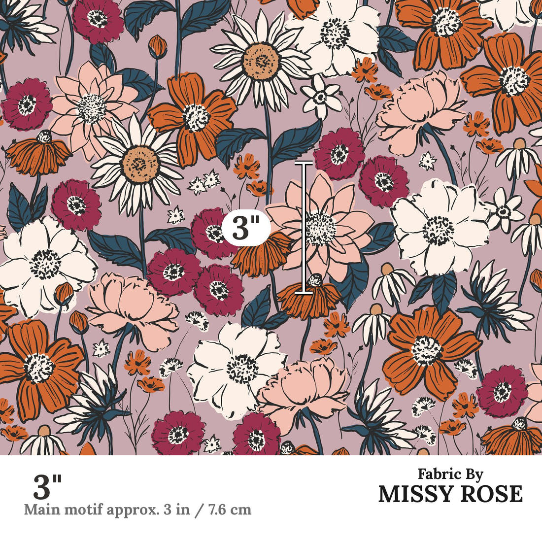 Indy Bloom Fabric Scarlet Autumn Lavender 07 3 inch print scale guide | Fabric by Missy Rose