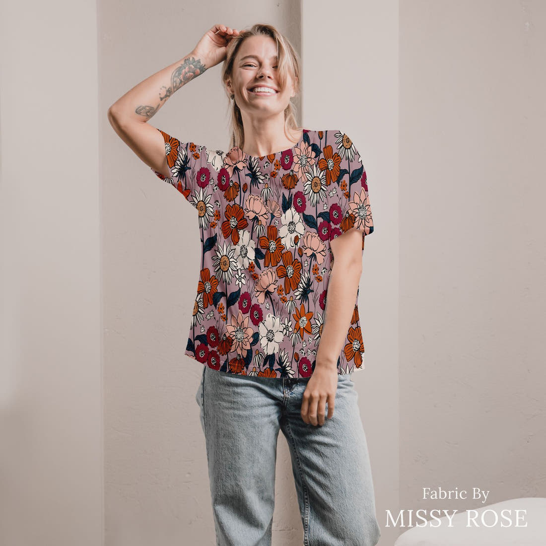 Indy Bloom Fabric Scarlet Autumn Lavender 07 sewn into an all-over print shirt - custom printed fabric | Fabric by Missy Rose