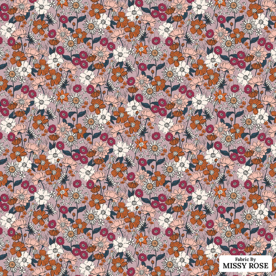 Indy Bloom Fabric Scarlet Autumn Lavender 07 flat view of the printed design | Fabric by Missy Rose