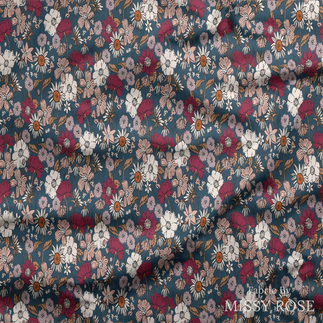 Indy Bloom Fabric Scarlet Autumn Midnight Blue 03 draped fabric mockup - custom printed fabric by the metre | Fabric by Missy Rose