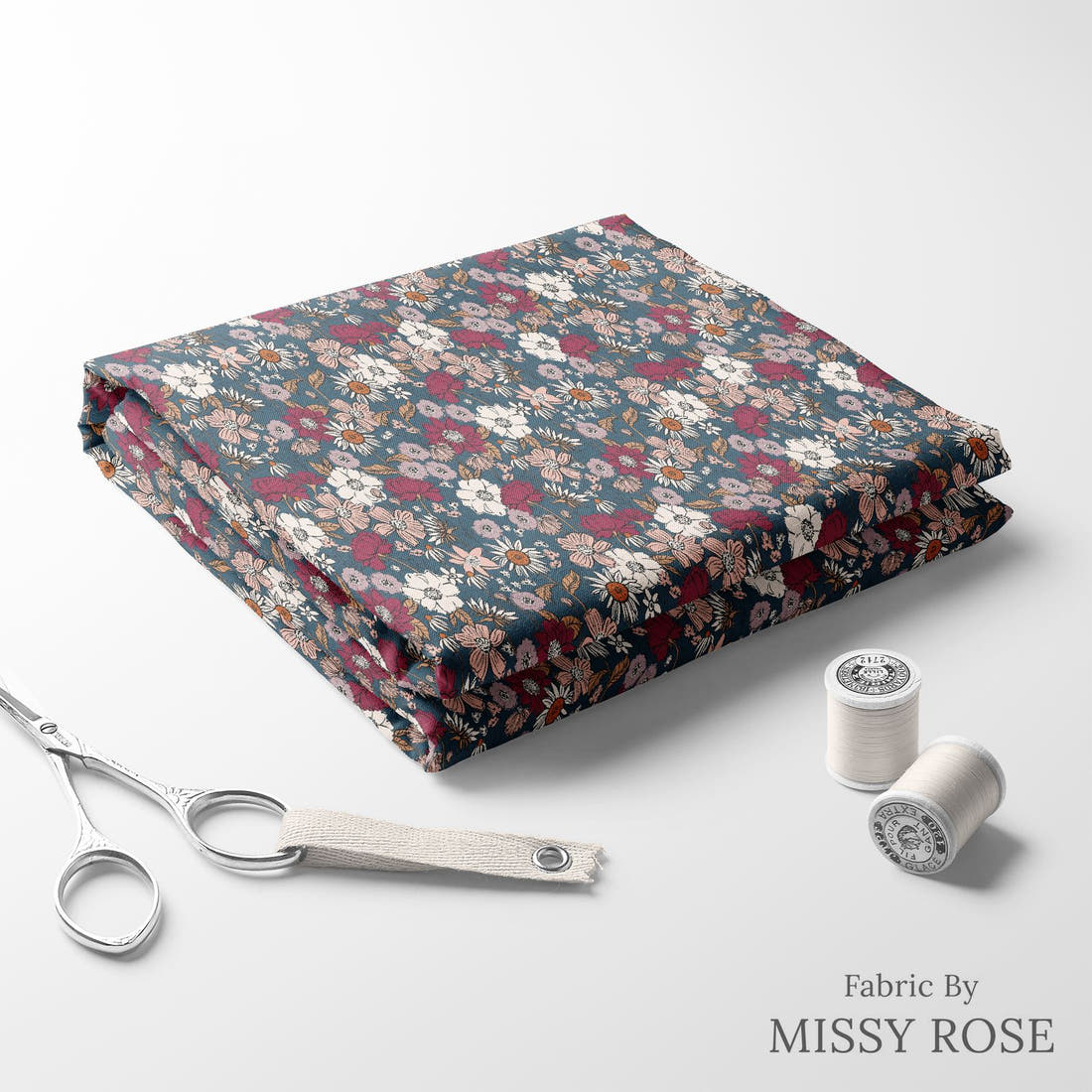 Indy Bloom Fabric Scarlet Autumn Midnight Blue 03 folded fabric stack with matching thread - pre-order fabric Australia | Fabric by Missy Rose