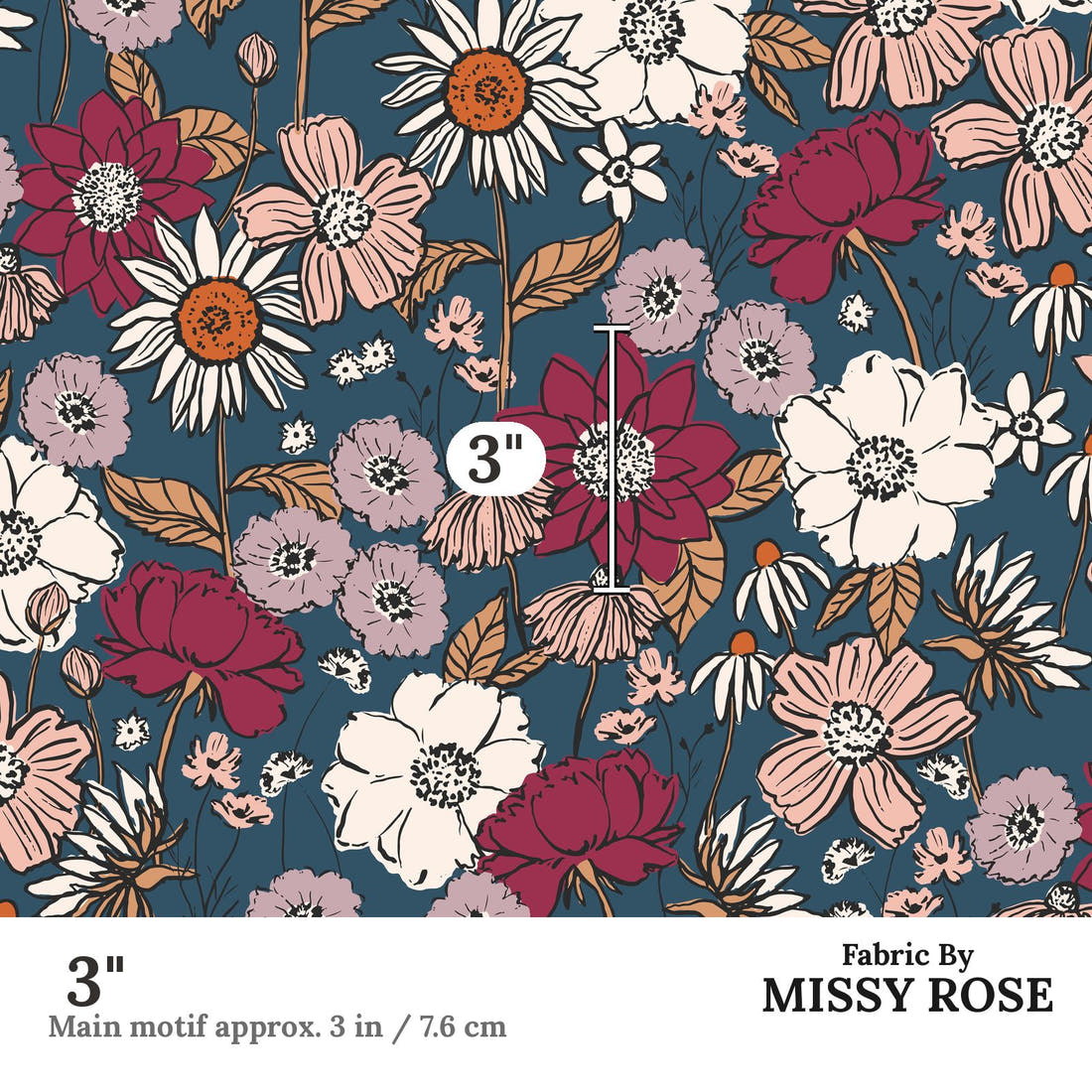 Indy Bloom Fabric Scarlet Autumn Midnight Blue 03 3 inch print scale guide | Fabric by Missy Rose
