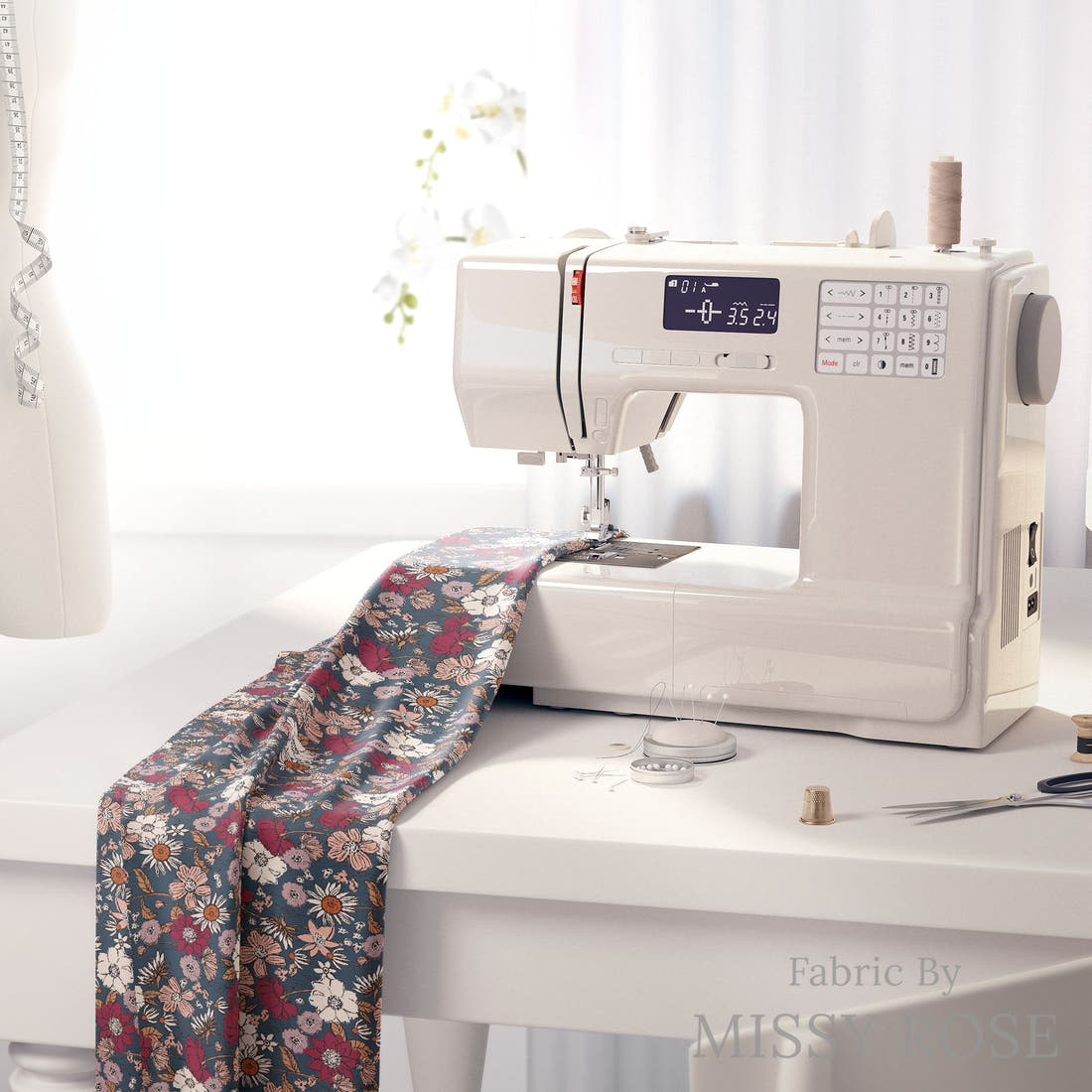 Indy Bloom Fabric Scarlet Autumn Midnight Blue 03 fabric on a sewing machine - sew your own | Fabric by Missy Rose