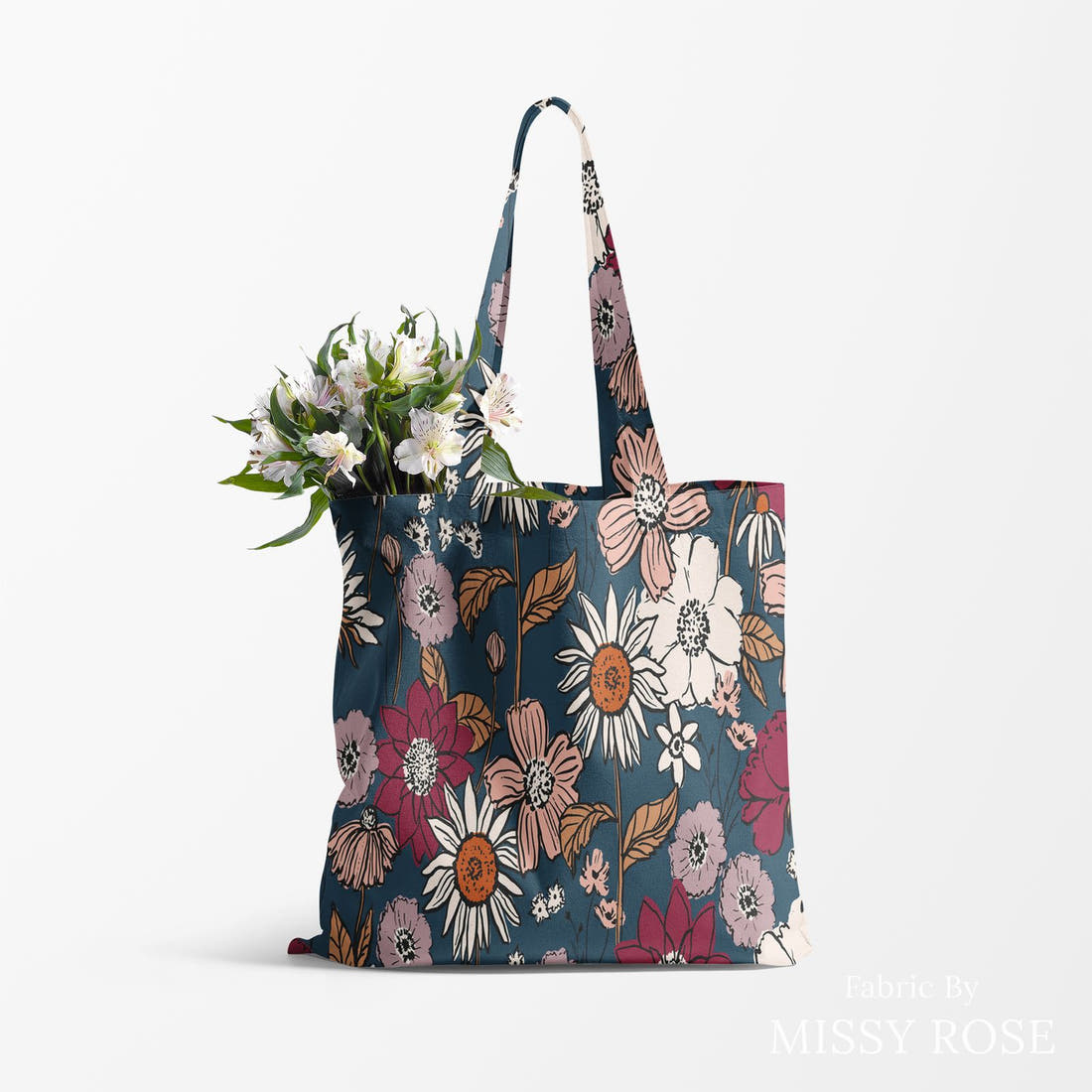 Indy Bloom Fabric Scarlet Autumn Midnight Blue 03 made up as a tote bag - custom printed fabric | Fabric by Missy Rose