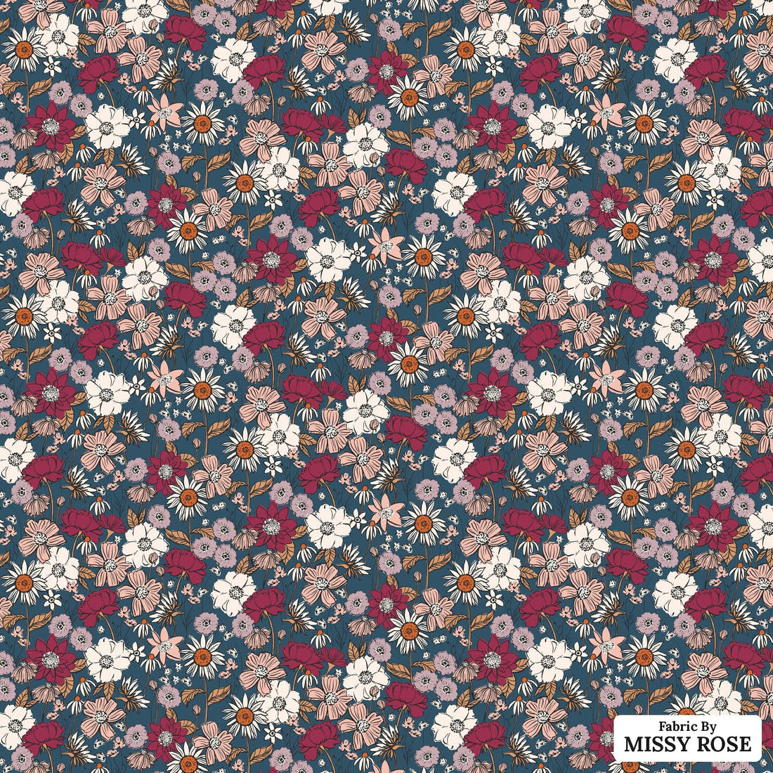 Indy Bloom Fabric Scarlet Autumn Midnight Blue 03 flat view of the printed design | Fabric by Missy Rose