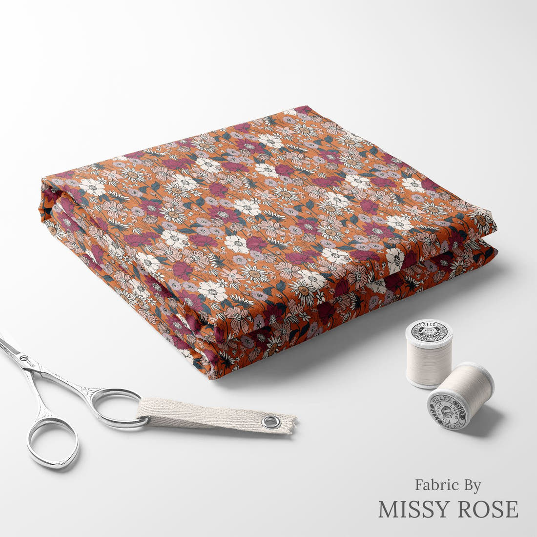 Indy Bloom Fabric Scarlet Autumn Pumpkin 09 folded fabric stack with matching thread - pre-order fabric Australia | Fabric by Missy Rose