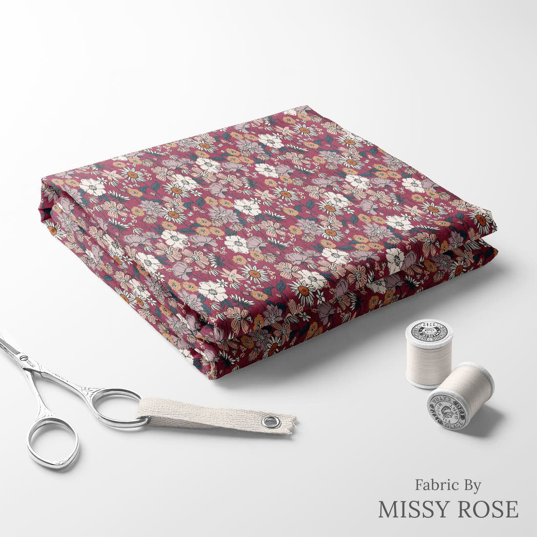 Indy Bloom Fabric Scarlet Autumn Ruby 05 folded fabric stack with matching thread - pre-order fabric Australia | Fabric by Missy Rose