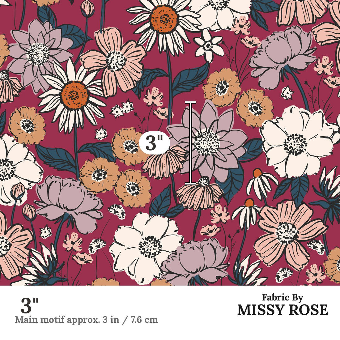 Indy Bloom Fabric Scarlet Autumn Ruby 05 3 inch print scale guide | Fabric by Missy Rose