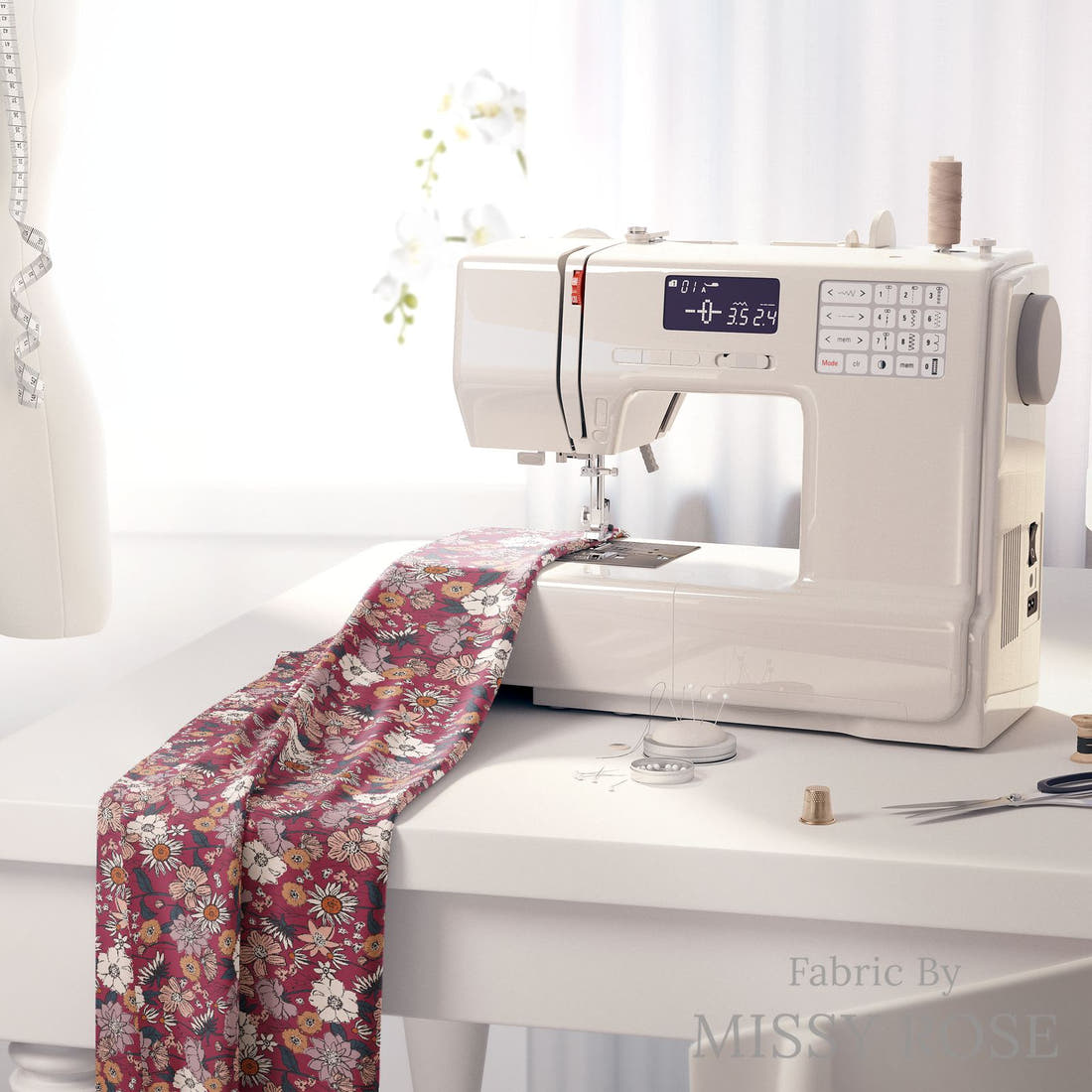 Indy Bloom Fabric Scarlet Autumn Ruby 05 fabric on a sewing machine - sew your own | Fabric by Missy Rose