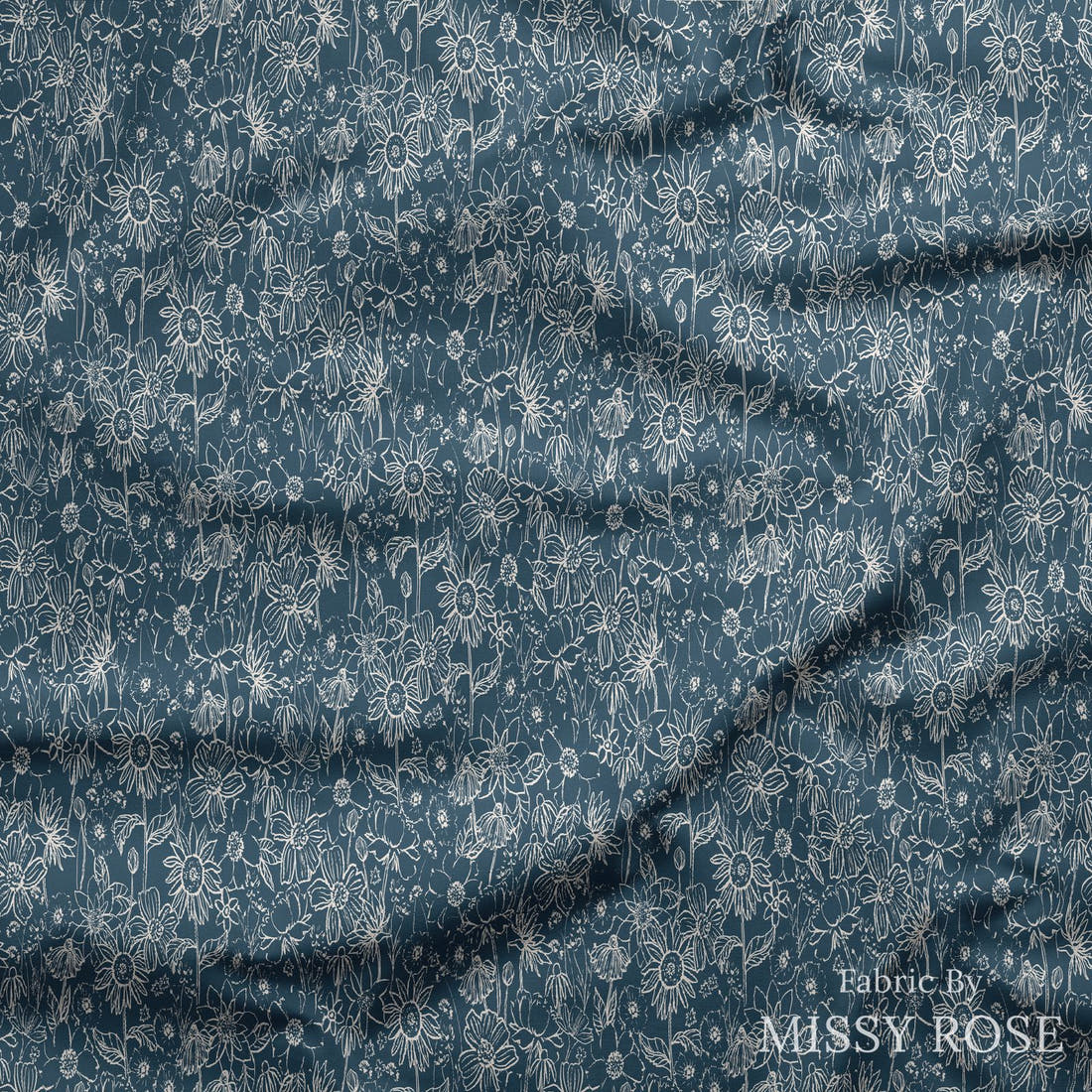 Indy Bloom Fabric Scarlet Autumn Sketch in Midnight Blue 04 draped fabric mockup - custom printed fabric by the metre | Fabric by Missy Rose