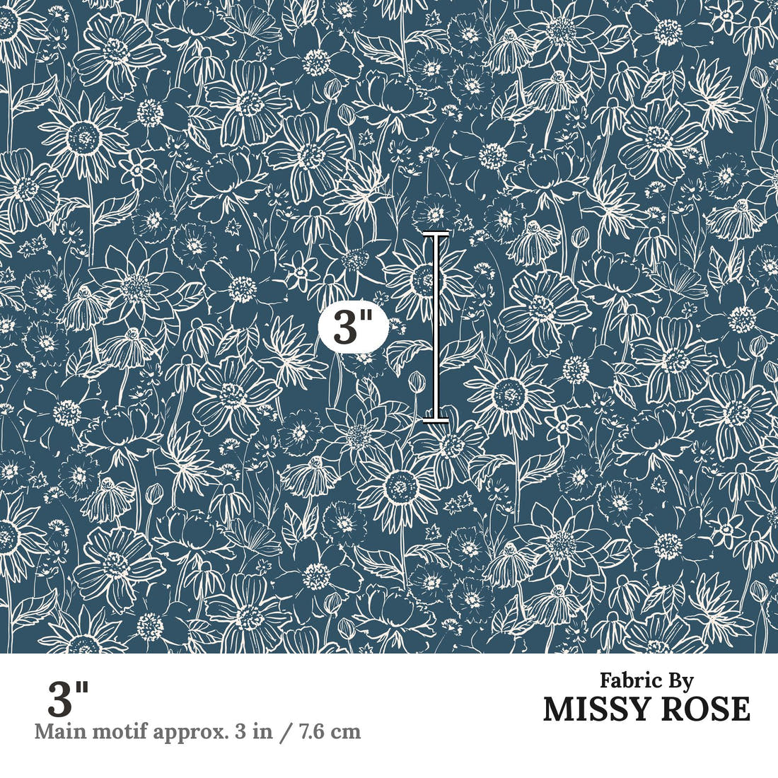 Indy Bloom Fabric Scarlet Autumn Sketch in Midnight Blue 04 3 inch print scale guide | Fabric by Missy Rose