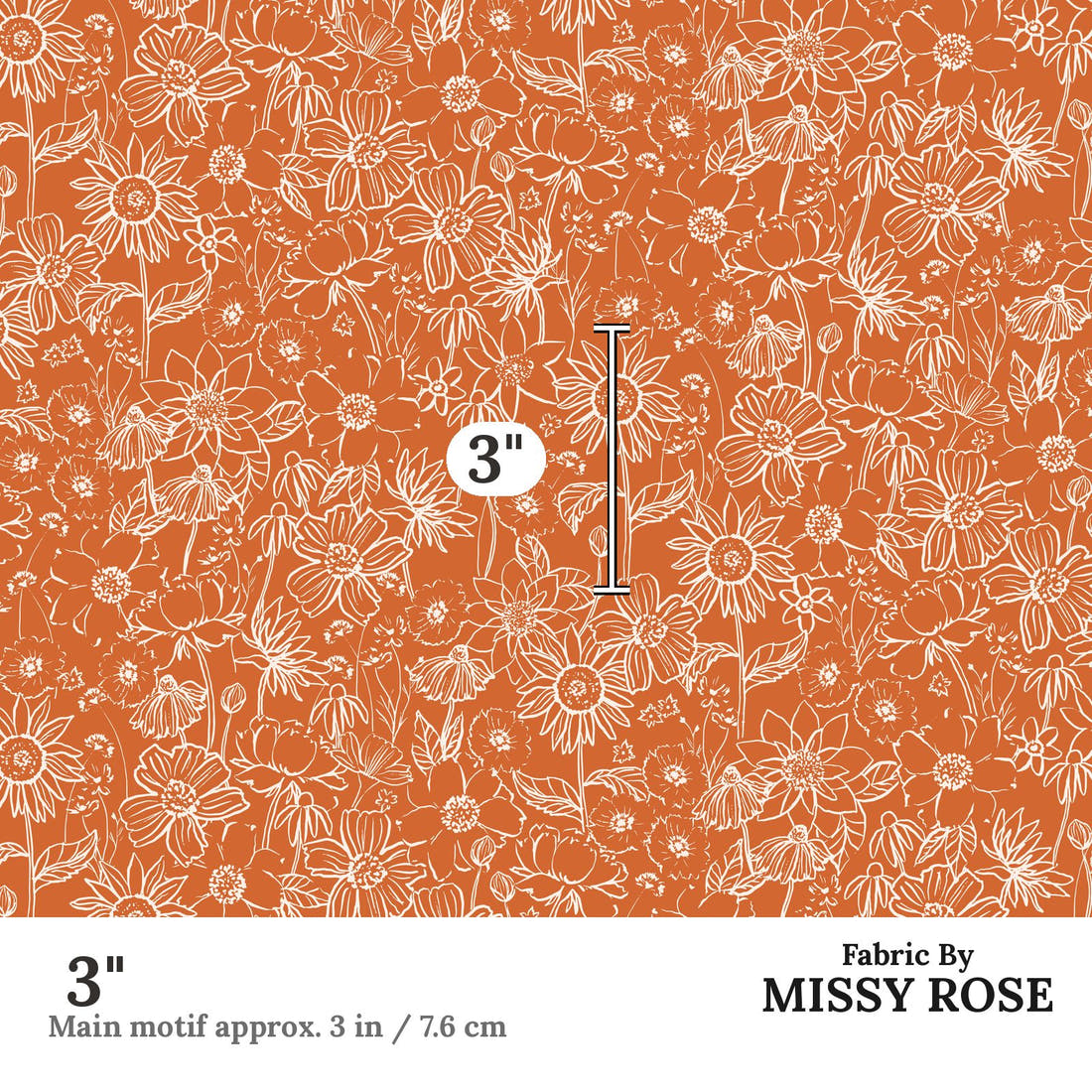 Indy Bloom Fabric Scarlet Autumn Sketch in Pumpkin 10 3 inch print scale guide | Fabric by Missy Rose