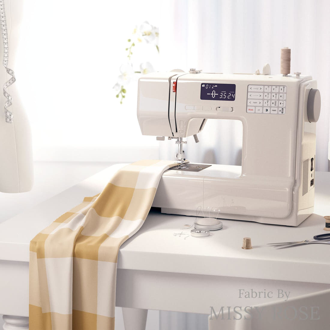 Indy Bloom Fabric Serenity Fall Honey Gingham 14 fabric on a sewing machine - sew your own | Fabric by Missy Rose