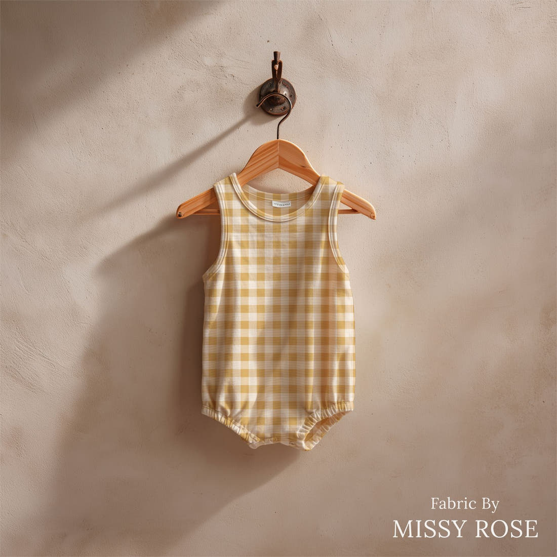 Indy Bloom Fabric Serenity Fall Honey Gingham 14 sewn into a baby romper - custom printed fabric | Fabric by Missy Rose