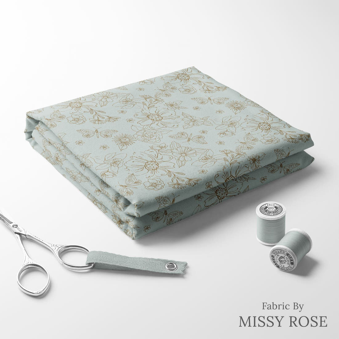 Indy Bloom Fabric Serenity Fall Sketched florals in Blue 05 folded fabric stack with matching thread - pre-order fabric Australia | Fabric by Missy Rose