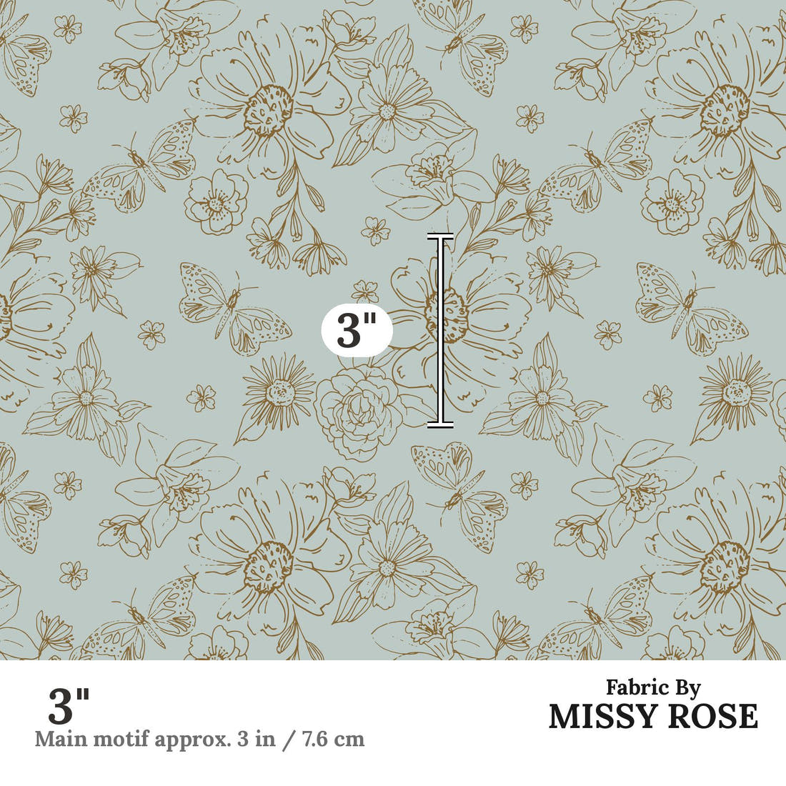 Indy Bloom Fabric Serenity Fall Sketched florals in Blue 05 3 inch print scale guide | Fabric by Missy Rose