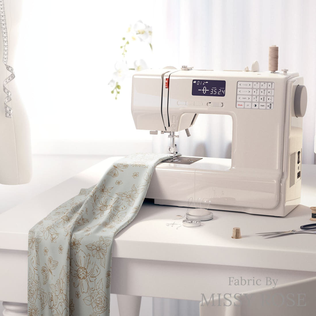 Indy Bloom Fabric Serenity Fall Sketched florals in Blue 05 fabric on a sewing machine - sew your own | Fabric by Missy Rose