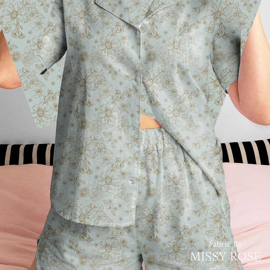 Indy Bloom Fabric Serenity Fall Sketched florals in Blue 05 sewn into a women's pyjama set - custom printed fabric | Fabric by Missy Rose