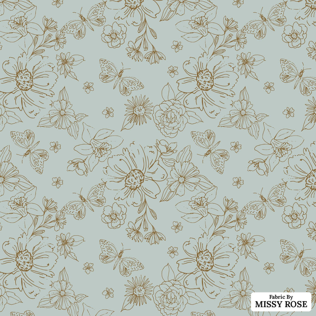 Indy Bloom Fabric Serenity Fall Sketched florals in Blue 05 flat view of the printed design | Fabric by Missy Rose