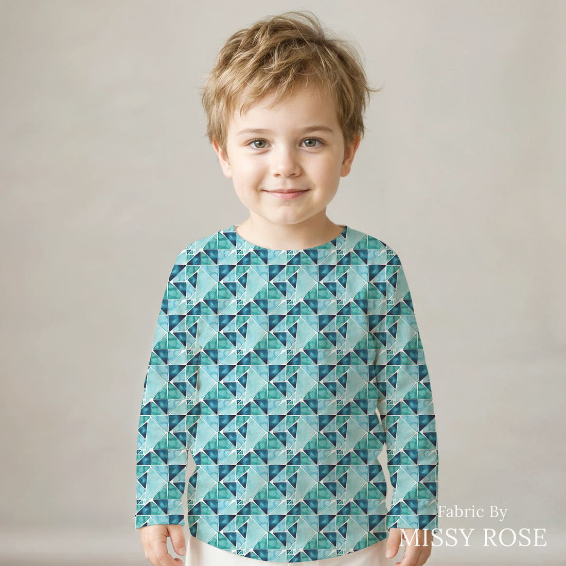 Indy Bloom Fabric Shibori Ocean Tile 03 sewn into a kids' all-over tee - custom printed fabric | Fabric by Missy Rose