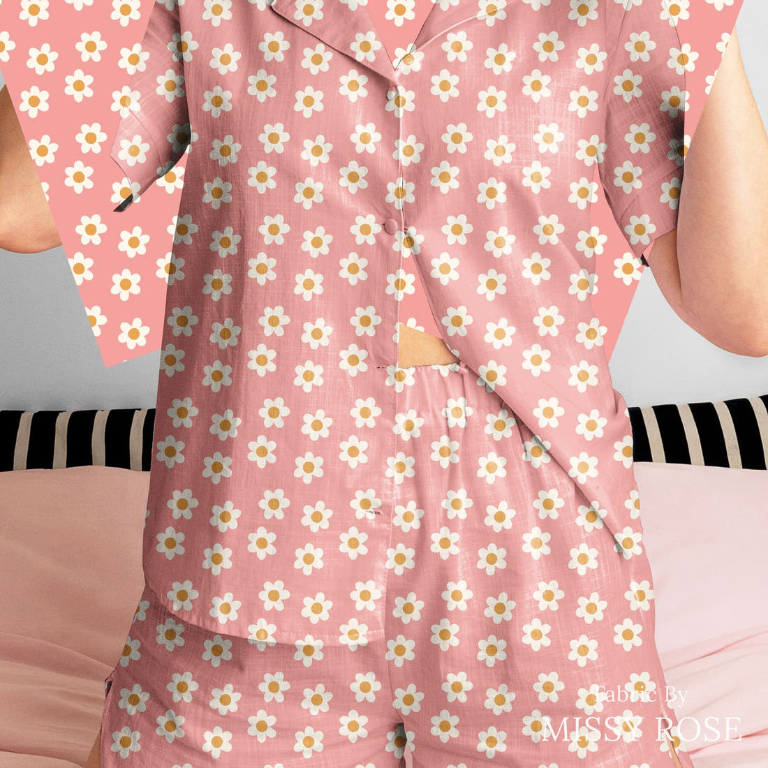 Indy Bloom Fabric Sucker For You Daisy Bubblegum 09 sewn into a women's pyjama set - custom printed fabric | Fabric by Missy Rose