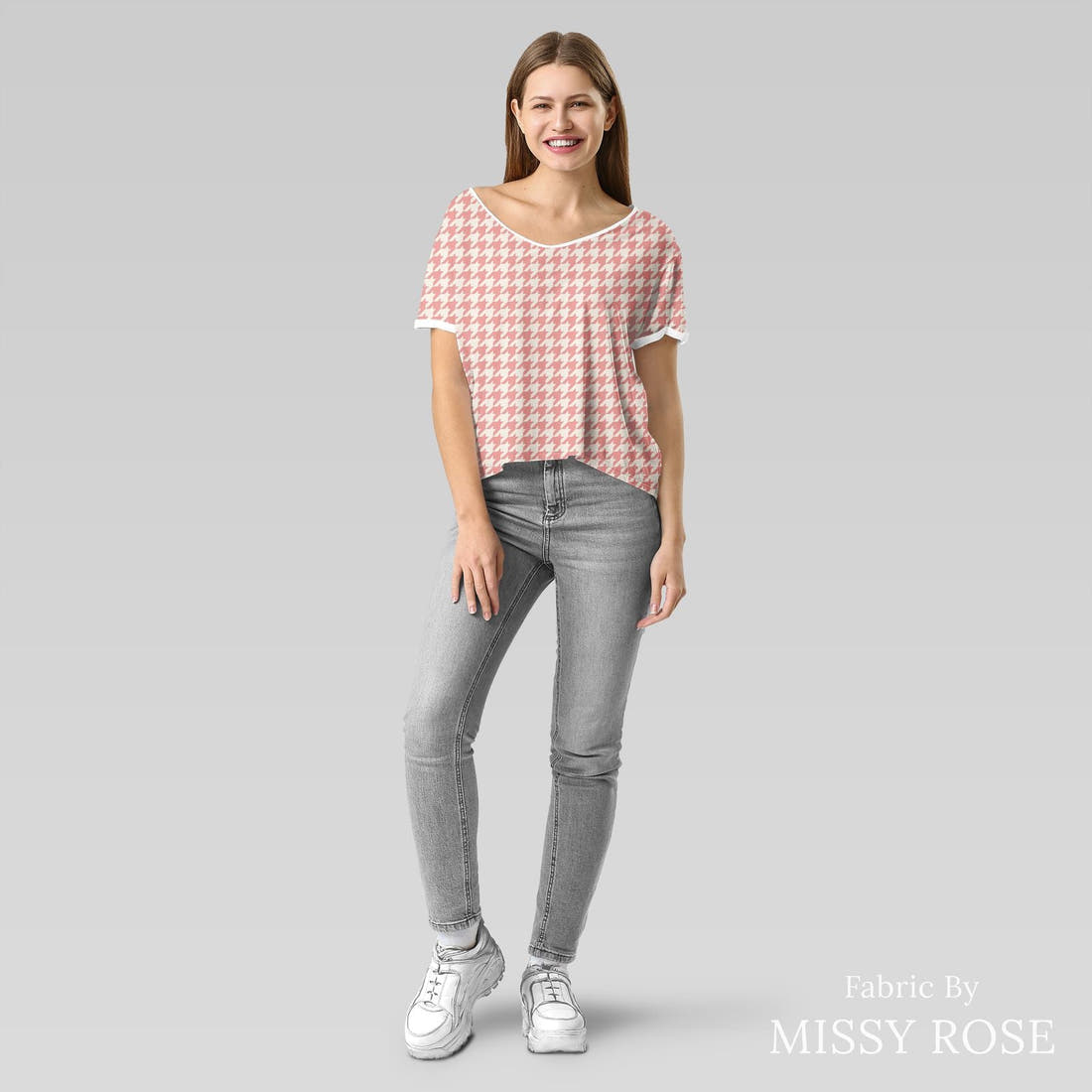 Indy Bloom Fabric Sucker For You Hounds Tooth in Bubblegum 12 sewn into an everyday tee - custom printed fabric | Fabric by Missy Rose