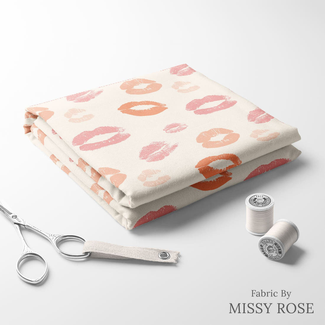 Indy Bloom Fabric Sucker For You Kissy Lips 05 folded fabric stack with matching thread - pre-order fabric Australia | Fabric by Missy Rose