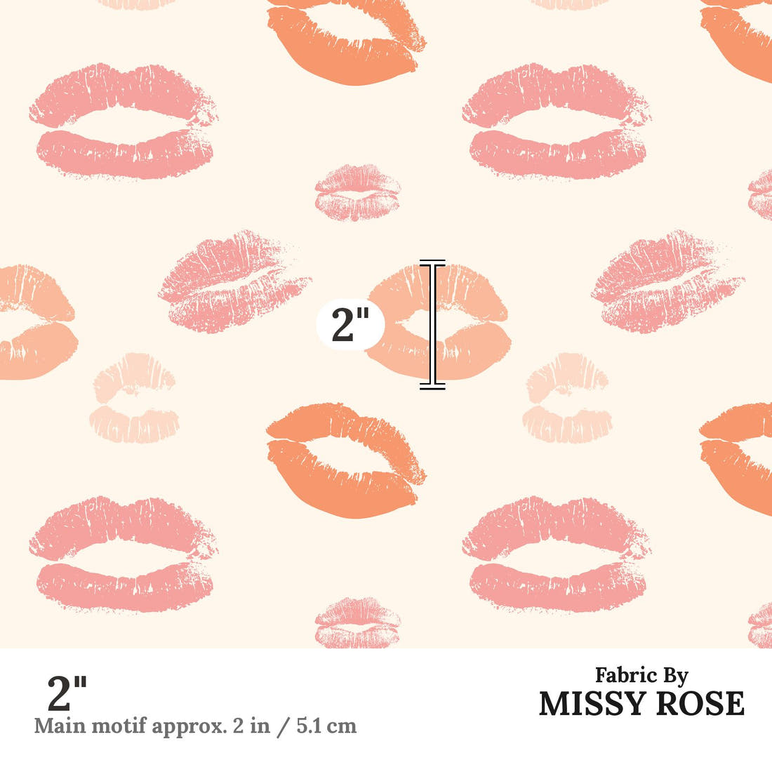 Indy Bloom Fabric Sucker For You Kissy Lips 05 2 inch print scale guide | Fabric by Missy Rose