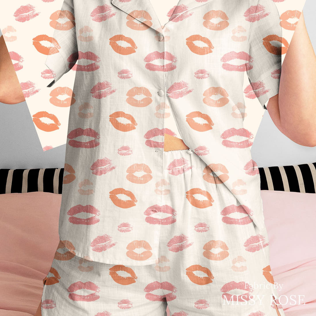 Indy Bloom Fabric Sucker For You Kissy Lips 05 sewn into a women's pyjama set - custom printed fabric | Fabric by Missy Rose