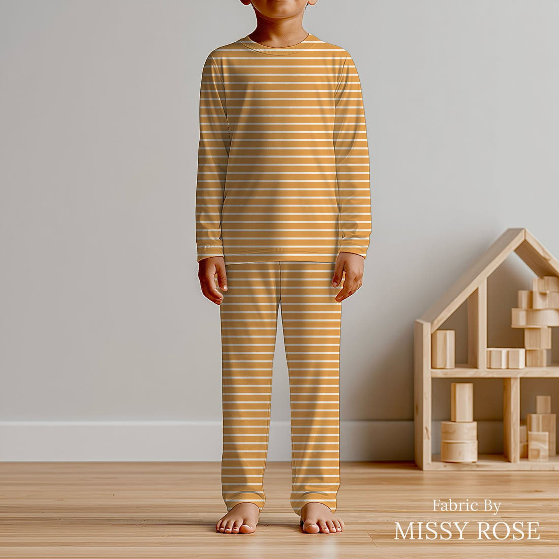 Indy Bloom Fabric Sucker For You Stripes in Golden 15 sewn into kids' pyjamas - custom printed fabric | Fabric by Missy Rose