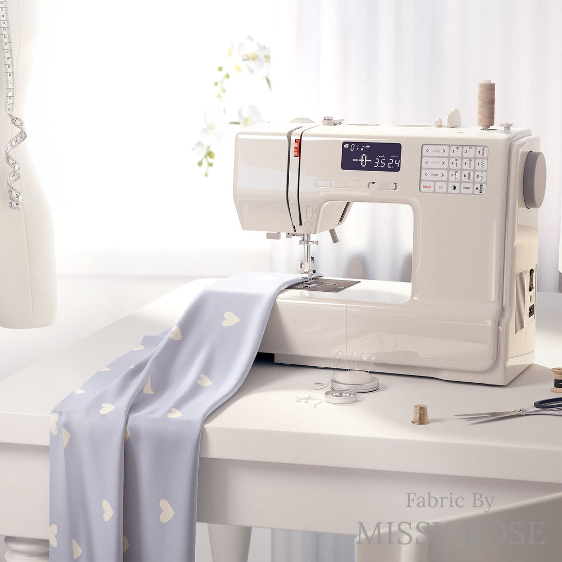 Indy Bloom Fabric Sucker For You Tiny Hearts in Periwinkle 19 fabric on a sewing machine - sew your own | Fabric by Missy Rose