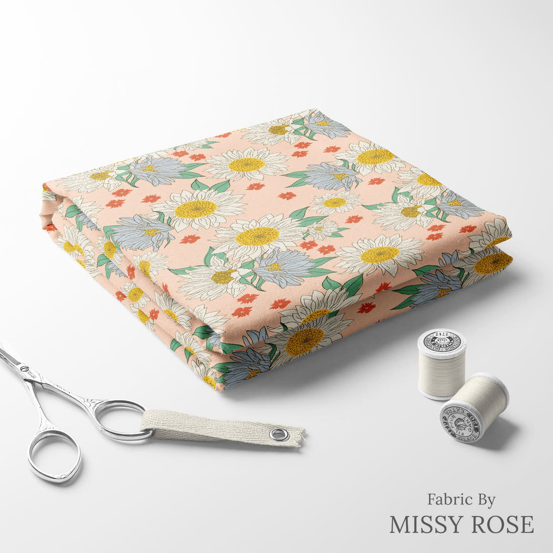 Indy Bloom Fabric Summer Sunshine Blush 01 folded fabric stack with matching thread - pre-order fabric Australia | Fabric by Missy Rose
