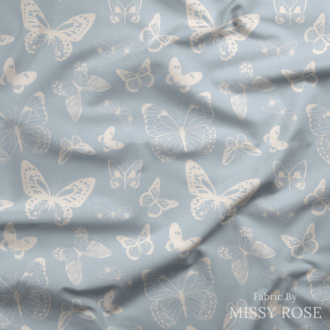 Indy Bloom Fabric Summer Sunshine Butterflies in Periwinkle 12 draped fabric mockup - custom printed fabric by the metre | Fabric by Missy Rose