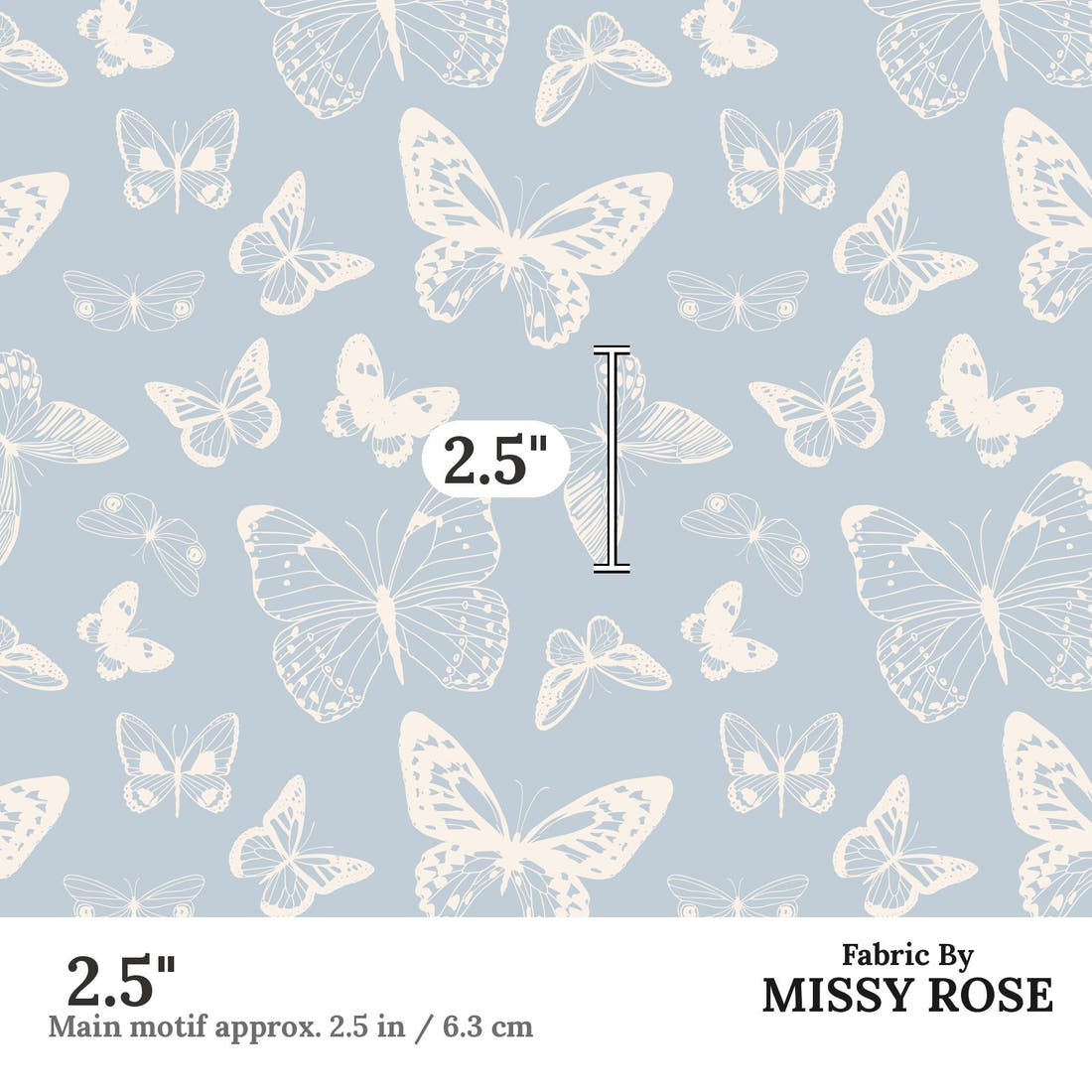 Indy Bloom Fabric Summer Sunshine Butterflies in Periwinkle 12 2.5 inch print scale guide | Fabric by Missy Rose
