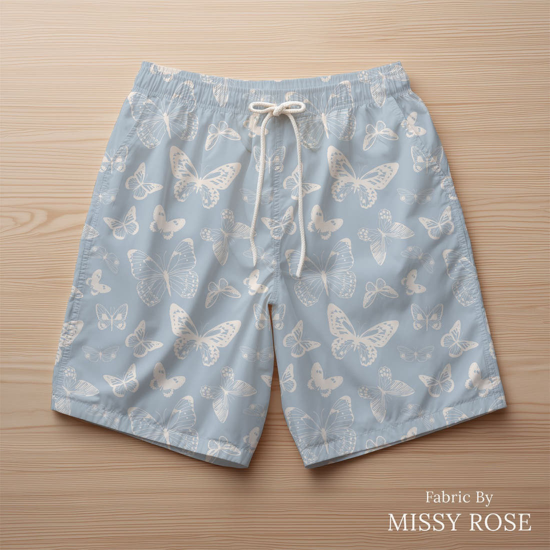 Indy Bloom Fabric Summer Sunshine Butterflies in Periwinkle 12 sewn into swim shorts - custom printed fabric | Fabric by Missy Rose