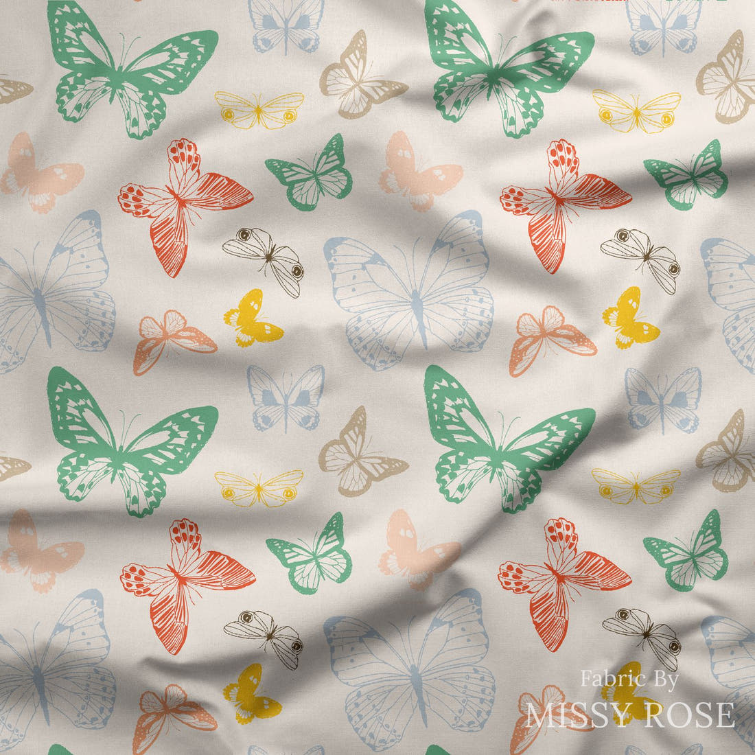 Indy Bloom Fabric Summer Sunshine Butterflies in Rainbow 13 draped fabric mockup - custom printed fabric by the metre | Fabric by Missy Rose