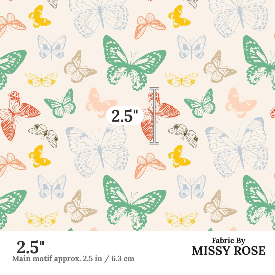 Indy Bloom Fabric Summer Sunshine Butterflies in Rainbow 13 2.5 inch print scale guide | Fabric by Missy Rose