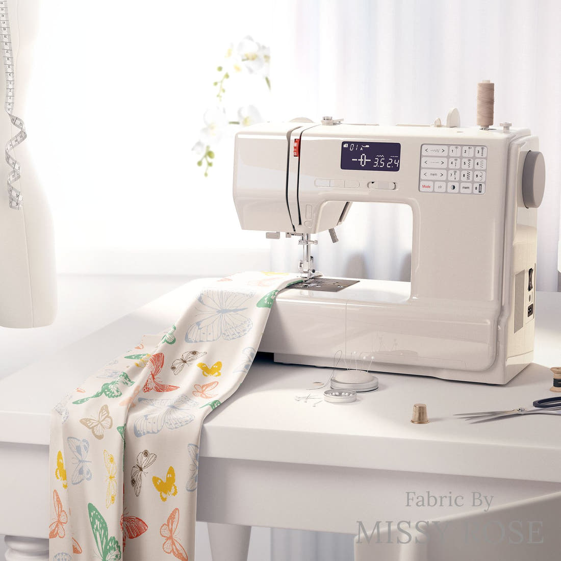 Indy Bloom Fabric Summer Sunshine Butterflies in Rainbow 13 fabric on a sewing machine - sew your own | Fabric by Missy Rose