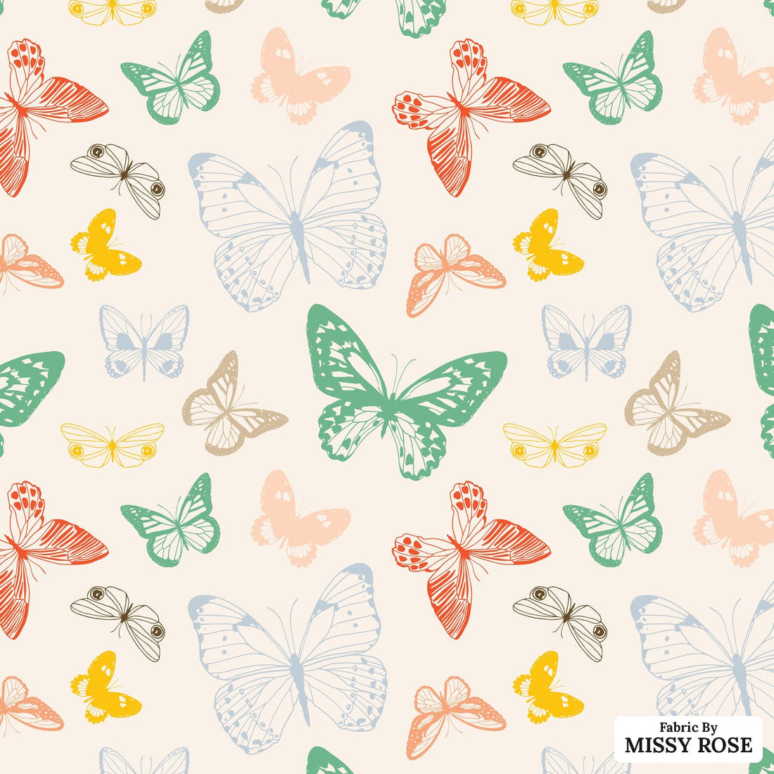 Indy Bloom Fabric Summer Sunshine Butterflies in Rainbow 13 flat view of the printed design | Fabric by Missy Rose