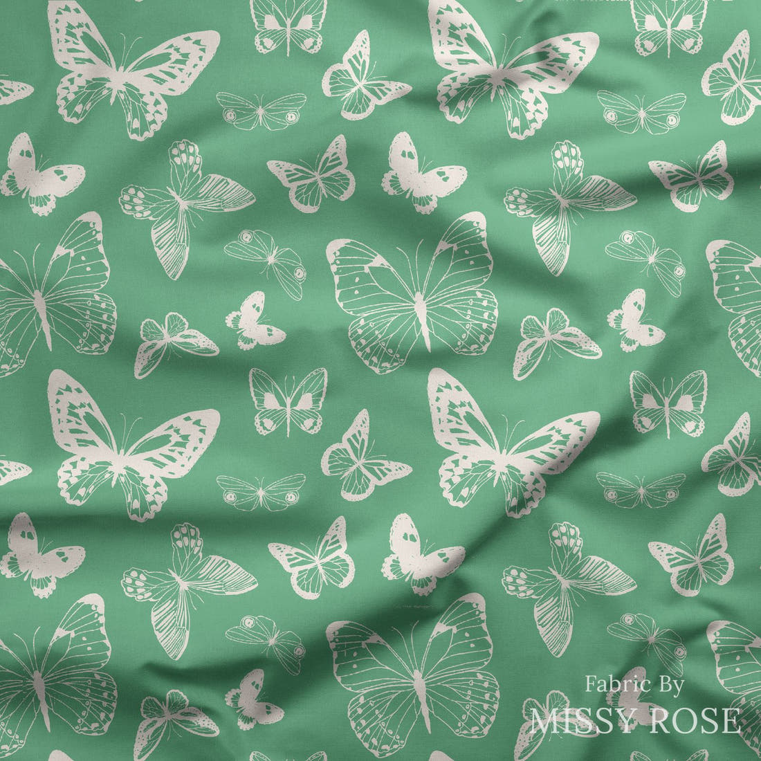 Indy Bloom Fabric Summer Sunshine Butterflies in Teal 14 draped fabric mockup - custom printed fabric by the metre | Fabric by Missy Rose