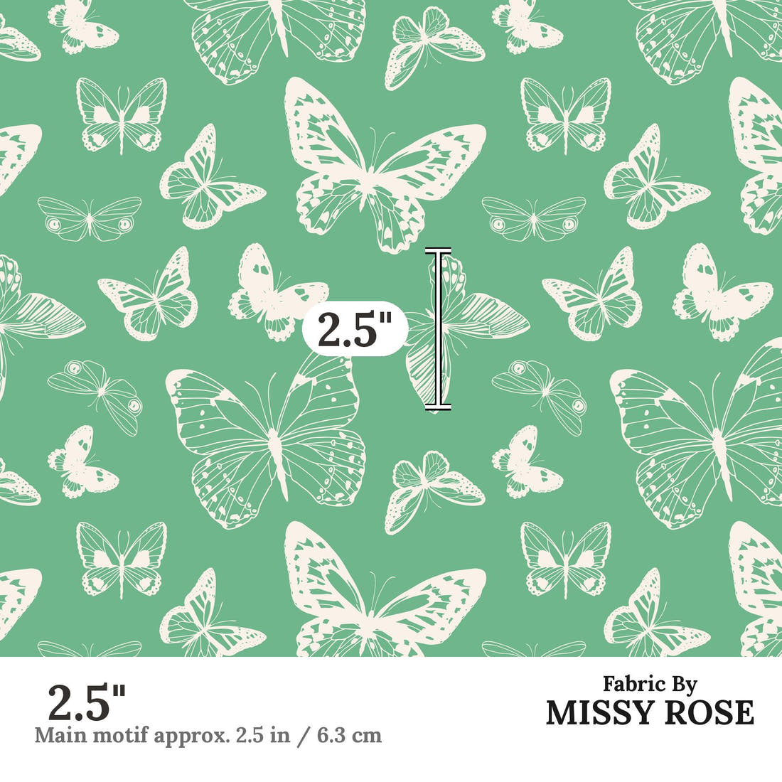 Indy Bloom Fabric Summer Sunshine Butterflies in Teal 14 2.5 inch print scale guide | Fabric by Missy Rose