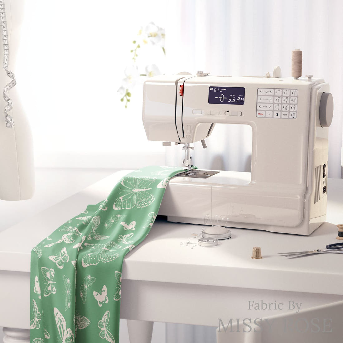 Indy Bloom Fabric Summer Sunshine Butterflies in Teal 14 fabric on a sewing machine - sew your own | Fabric by Missy Rose
