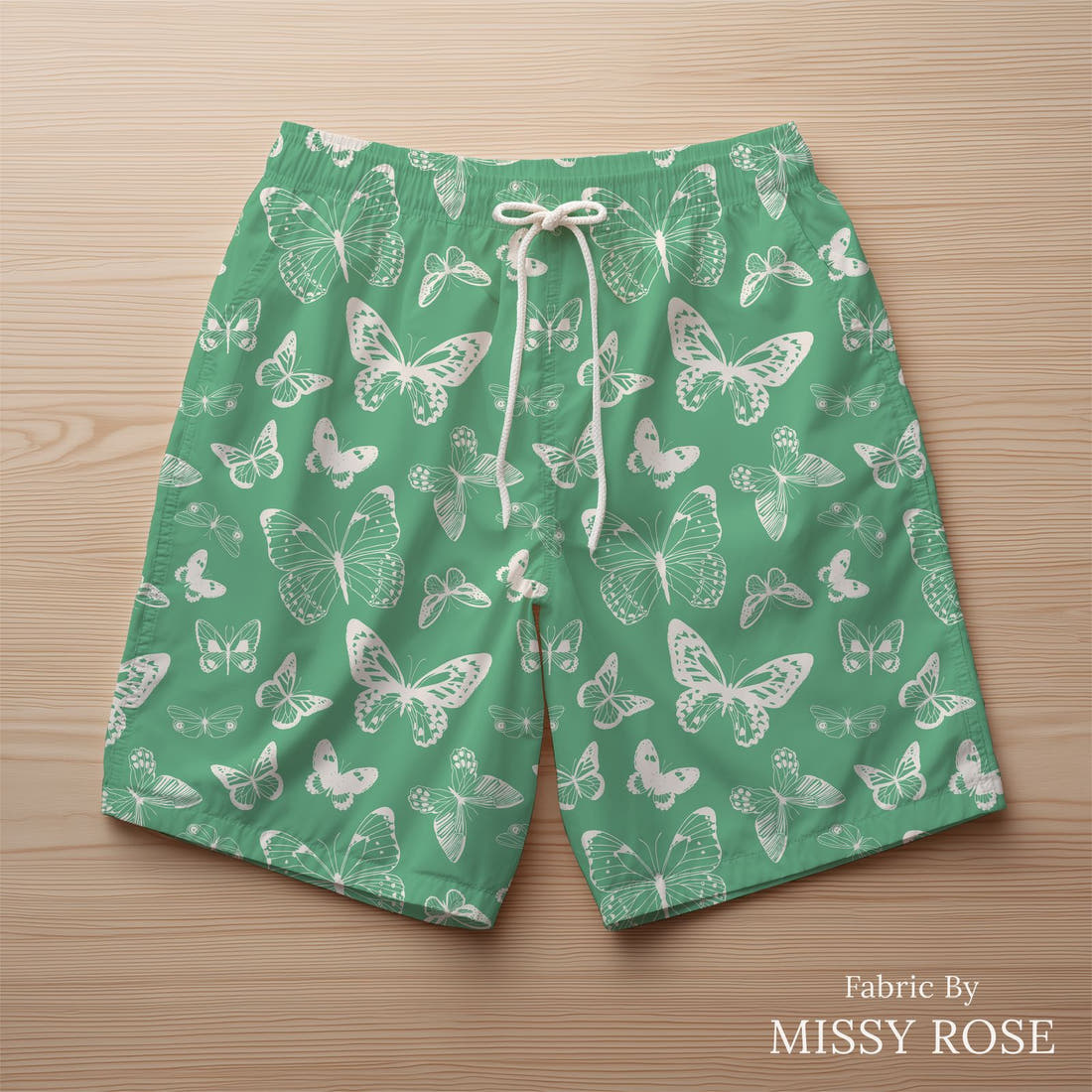 Indy Bloom Fabric Summer Sunshine Butterflies in Teal 14 sewn into swim shorts - custom printed fabric | Fabric by Missy Rose