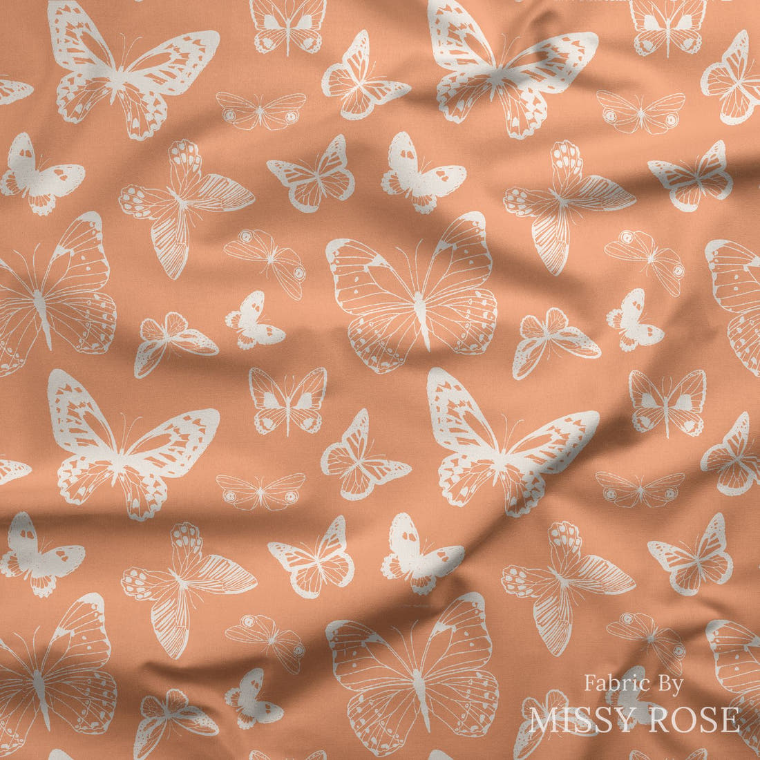 Indy Bloom Fabric Summer Sunshine Butterfly in Peach 11 draped fabric mockup - custom printed fabric by the metre | Fabric by Missy Rose