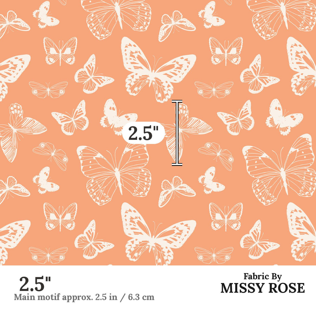 Indy Bloom Fabric Summer Sunshine Butterfly in Peach 11 2.5 inch print scale guide | Fabric by Missy Rose