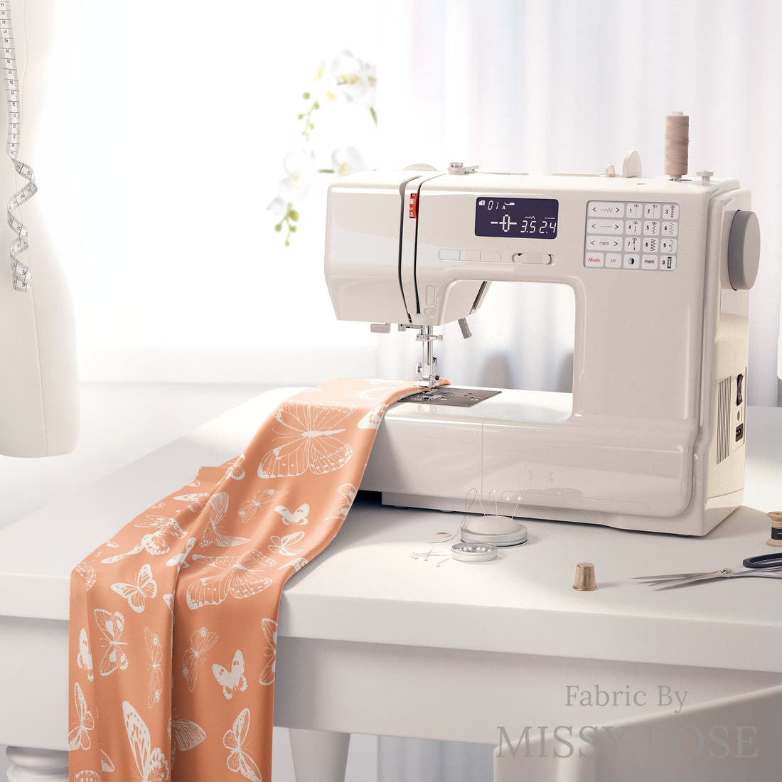 Indy Bloom Fabric Summer Sunshine Butterfly in Peach 11 fabric on a sewing machine - sew your own | Fabric by Missy Rose