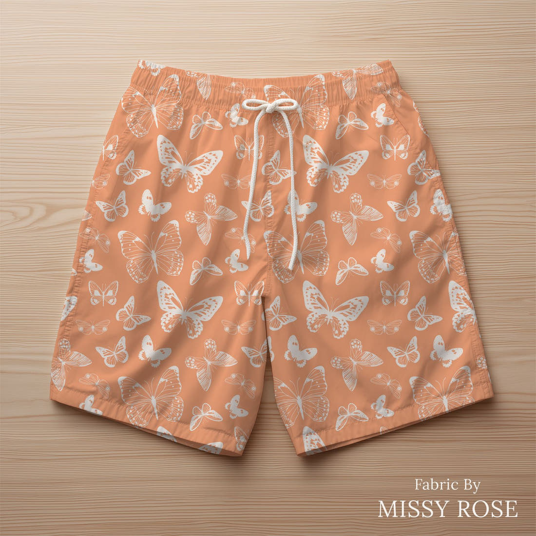 Indy Bloom Fabric Summer Sunshine Butterfly in Peach 11 sewn into swim shorts - custom printed fabric | Fabric by Missy Rose